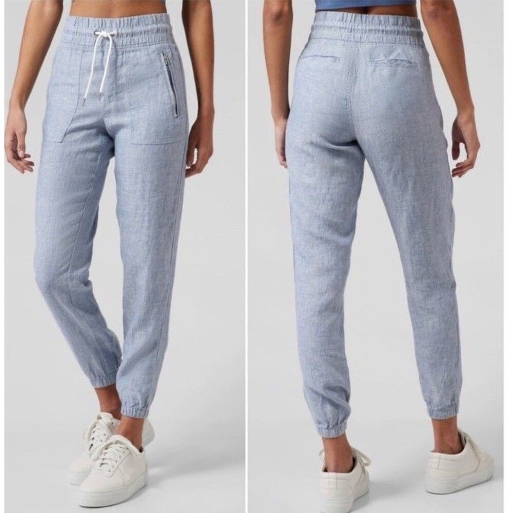 Athleta Cabo 100% Linen Jogger Pants 14 Chambray Blue Drawstring Resort Coastal